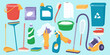 © VectorBum - Cleaning supplies. Housekeeping equipment. Chemical detergents. Spray bottle. Washing tools. Bucket and mop. Soap foam. Household accessories for sanitation and hygiene. Recent vector set