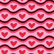 Retro Red Hearts On Groovy 70s Waves Seamless Pattern In Pink And Burgundy. For Valentines Day Wrapping Paper, Backgrounds, Fabric And Wallpaper. 