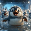 Comical animal, penguin slipping on ice