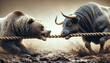 Bear and a bull in an intense tug of war in mud, symbolising market conflict. Both animals aggressively bite a rope, highlighting the fierce competition in financial markets