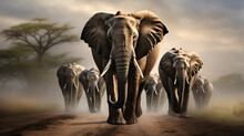 Award Winning Shot, Portait Of A Group Of Adult African Elephants Walking Towards The Camera. Majestic Portrait Of African Elephants, Front View. Portrait Of Wildlife In The Wilderness Of Africa. Envi