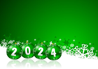 Aufkleber - New year 2024 illustration with Christmas balls and snowflakes on green background