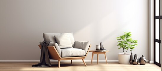 The stylish composition of living room interior with copy space, beige sofa with pillow, coffee table and personal accessories.