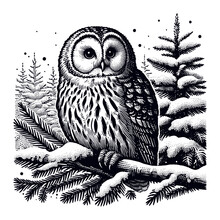 Owl Sitting On A Snowy Tree Vector Winter Sketch