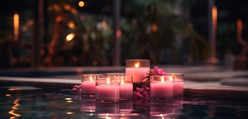 two candles sitting right next to a pool,