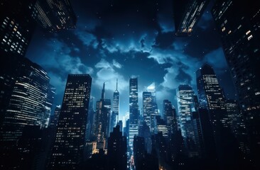 Poster - view from below of the blue and white city skyline at night