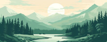 Flat Illustration Of A Mountain Landscape With Silhouettes Of Mountains, Hills, Forest, Sky And Lake