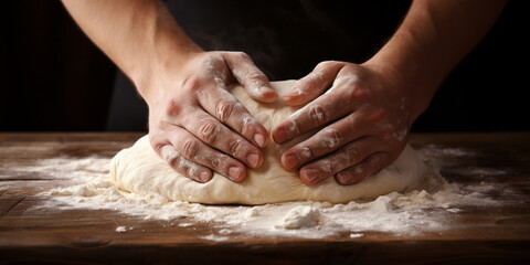 Male hands of a cook knead dough on a wooden table. ai generative