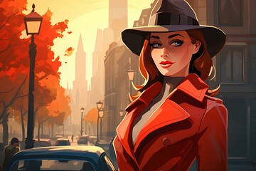 Poster - mysterious smile of a captivating female spy in a charming city. a model in modern and sophisticated fashion. cartoon style illustration. generative AI