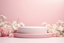 Product Podium With Spring Flowers In Pink Pastel Colors For Product Presentation. Mockup For Branding, Packaging