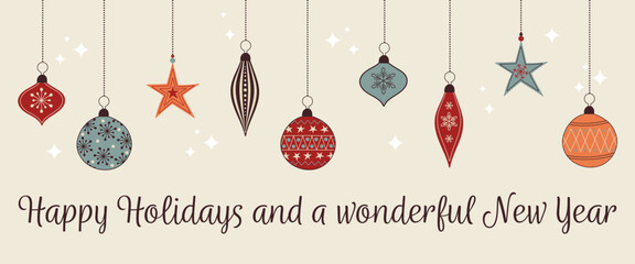 Sticker - Happy Holidays and a wonderful new year – Schriftzug in englischer Sprache - Schöne Feiertage und ein wundervolles neues Jahr. Weihnachtskarte mit bunten Christbaumkugeln