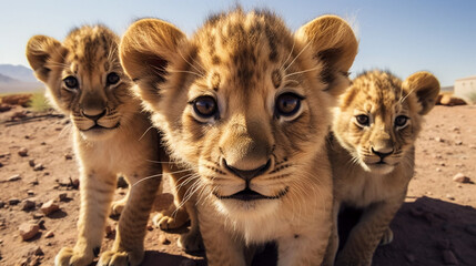 Wall Mural - stockphoto, a group of young beautiful lion cubs curiously looking straight into the camera, ultra wide angle lens, front view. Portrait of wildlife in the wilderness of Africa. Environmetal theme. Wi