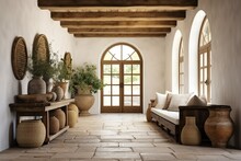 Rustic Boho Interior Design Of Modern Entrance Hall With Arched Doorway. Stone Cladding Wall And Timber Beam Ceiling In Country House Hallway, Generative AI