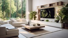 White Sofa And Tv Unit In Spacious Room. Luxury Home Interior Design Of Modern Living Room, Generative AI