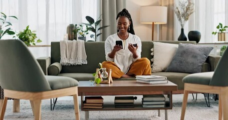 Poster - Happy, black woman and credit card with phone on sofa for online shopping, payment code and fintech at home. Mobile banking, finance and password to upgrade subscription, ecommerce and money savings