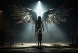 Fototapeta  - widok białego aniołe ze wielkimi skrzydłami nad młodym chłopcem