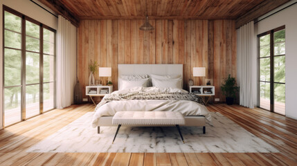 Wall Mural - Farmhouse interior design of modern bedroom with hardwood floor. Created with generative AI 