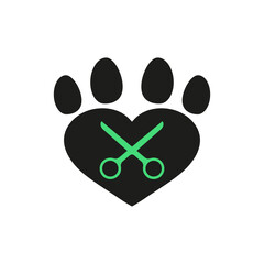 Wall Mural - Dog and cat grooming logo design template. Scissors and paw print with heart. 