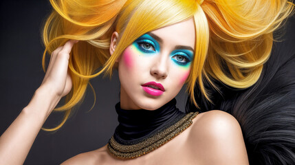 Wall Mural - Portrait of young woman with yellow hair.Digital creative designer fashion glamour art.