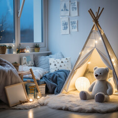 Wall Mural - A child's bedroom with playful winter decorations and a cozy reading corner,