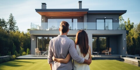 Young couple in front of their new modern home. Back view