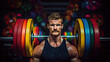 Weightlifter preparing to lift intense concentration colorful gym setting