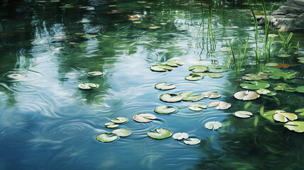 Poster - Subtle Ripples on the Surface of a Tranquil Pond at Sunrise Background