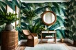 A tropical-inspired foyer with palm frond wallpaper, a statement wicker chair, and an oversized mirror reflecting coastal charm
