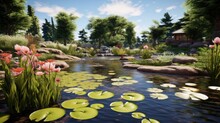 A Serene Spring Garden With A Pond And Lily Pads,