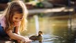 A young girl beams with pride as she carefully balances a small and wobbly duckling in her palm