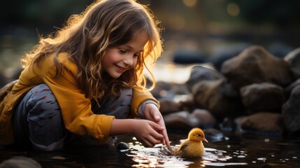 A young girl beams with pride as she carefully balances a small and wobbly duckling in her palm