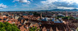 Aerial panorama view of Graz city old town from Castle Hill (Schlossberg) with city hall, main square and Franciscan Church, art museum, on sunny summer day, with blue sky cloud, Graz, Styria, Austria
