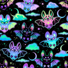 Wall Mural - Seamless illustration of cute cartoon bats and clouds