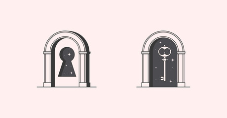 Wall Mural - Vector mystic logo design templates with portal,key and keyhole.Surreal abstract illustrations in trendy minimal outline style.Celestial enlightenment emblems.Branding design templates.