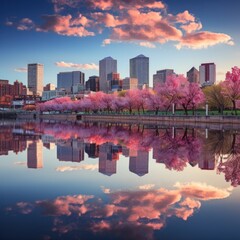 Wall Mural - a city skyline reflected in a calm body of water,