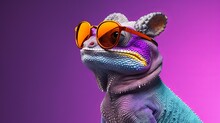 Cool Chameleon Wearing Sunglasses On A Solid Color Background, Copy Space, 16:9