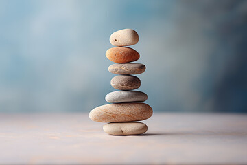 Pebble tower balance harmony pyramid stones arrangement on calm blue relaxing background. Simple poise stones, simplicity harmony and balance, rock zen sculptures concept