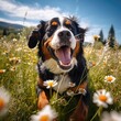Frolicsome Bernese Mountain Dog in Wildflower Meadow Captured with Canon EOS 5D Mark IV