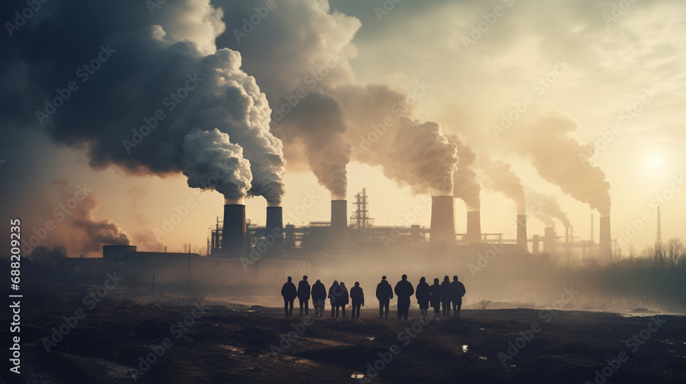 Aerial view of high smoke stack with smoke emission. Plant pipes ...