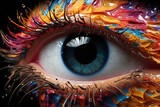Fototapeta  - Healthy vision or eyesight with optometry treatment concept. Tired female eye with beautiful rainbow pupil. Closeup of a girl with contact lens and unusual pupil with iris color.