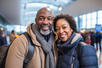 We're going on a trip! Happy African American couple smiling in airport terminal. An elderly African American couple goes on a trip.