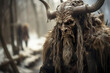 Krampus portrait. Krampus with horns walking in the winter forest. Krampus is a Christmas Devil or a Yule Lord.