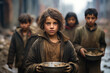 Poor staring hungry orphan boys and girls kids in a refugee camp with a sad expression on face full of struggling. Holds empty bowl plate. War social crisis problem issue help charity donation concept