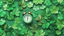 Time For Celebration, Alarm Clock On A Green Background A Festive Stock Photo Heralding The Spirited Arrival Of St. Patrick's Day.