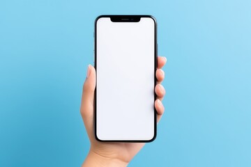 Young woman showing her smartphone with blank white screen, display mock up