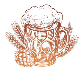 Wall Mural - Hand drawn mug of beer with foam, hops and wheat. Pub, sketch vintage vector illustration