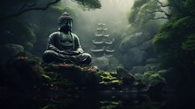 Green Buddha Sits On The Rock Pile Among Forest Trees. Mystical Forest Landscape With Traditional Japanese Pagoda. Zen Landscape. Japanese Temple In The Forest. 