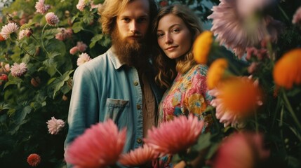 Wall Mural - Young couple posing in a flowering garden