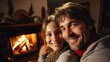 © PixelPaletteArt - Couple posing laughing in front of the fireplace