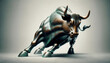 striking image of a weathered bronze bull in mid charge, exuding power and determination. Its dynamic pose and textured surface embody strength and resilience, perfect for themes of endurance and mark